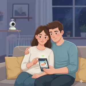 Parents looking at a smartphone app connected to a wireless baby monitor, ensuring their baby's safety with safe baby monitor options wireless technology.