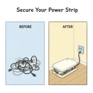 A neat, secure power strip inside a cord management box, an effective way to keep cords out of baby reach.