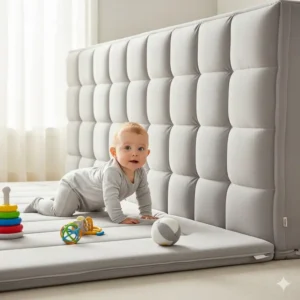 A happy baby playing near a wall covered with a plush, padded material, showcasing a safe, non-toxic wall protection solution.