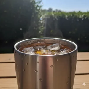 A 24 oz stainless steel tumbler filled with ice and a refreshing cold drink, showing its insulation capabilities.