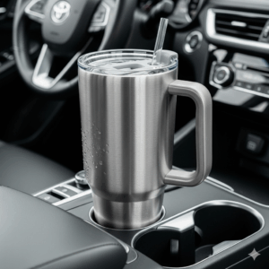 A best 30 oz tumbler with handle, fitting perfectly into a standard car cup holder.