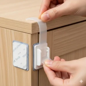 An image of an adhesive strap baby proof cabinet lock without drilling being applied to a cabinet, highlighting the flexible strap and strong adhesive base.
