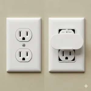 A side-by-side comparison of a standard electrical outlet and a baby proof electrical outlets with sliding covers.