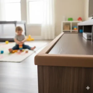  A long, brown foam bumper strip attached to the edge of a low-lying entertainment center, showing how it protects against bumps.