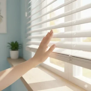A close-up of a hand gently pushing up a cordless window blind, showcasing the easy and safe operation for cordless window blind safety for kids.