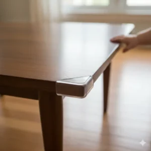 A clear, protective corner guard is attached to the sharp edge of a wooden coffee table, a key step in tips for baby proofing hardwood floors from potential head bumps.