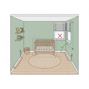 Diagram illustrating safe crib placement in a small nursery, away from window blinds and electrical cords for baby proofing. 