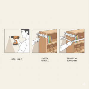 A step-by-step image demonstrating how to properly install an anti-tip strap to anchor a bookshelf to the wall.