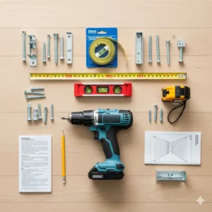 An overhead view of all the essential tools and hardware needed for installing safety gates at top of stairs, including a drill, screws, and a level.