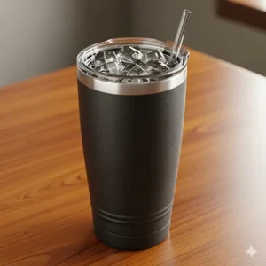 Image of the sweat-proof, double-wall insulated 24oz tumbler with handle, showing no condensation on the exterior.