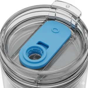 Close-up of the insulated tumbler with lid's silicone seal, illustrating its splash-proof and leak-resistant features.