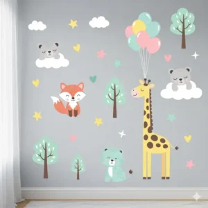 A nursery wall decorated with colorful, peel-and-stick non-toxic wall decals, providing a decorative and safe surface for a baby's room.