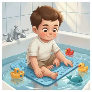 An illustration of a parent carefully positioning a non-slip bath mat with suction cups into an empty bathtub, highlighting easy installation for non slip bath mats baby safety.