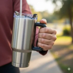 A person confidently grips the large, ergonomic handle of a 32 oz insulated tumbler with handle, illustrating its portable and secure design.