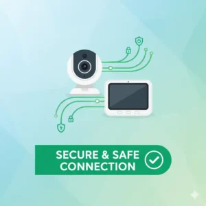 An infographic illustrating encrypted wireless signals flowing between a baby monitor camera and parent unit, emphasizing secure and safe baby monitor options wireless connectivity.