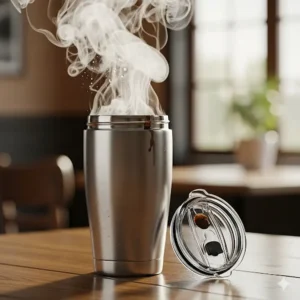 Steam rising from a 24 oz stainless steel tumbler, illustrating its ability to keep coffee hot for hours.