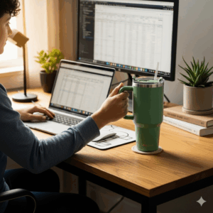 A person using a best 30 oz tumbler with handle while working at a desk, emphasizing its use in an office or home environment.