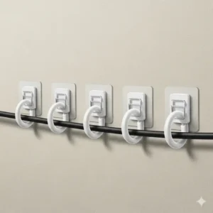 Adhesive cord clips holding a loose cable neatly against a wall, a simple method to secure cords away from babies.