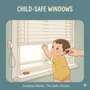 A diagram illustrating the correct installation of a window guard on the interior of a window, designed to prevent a child from falling out, contributing to baby proofing windows and blinds safety.