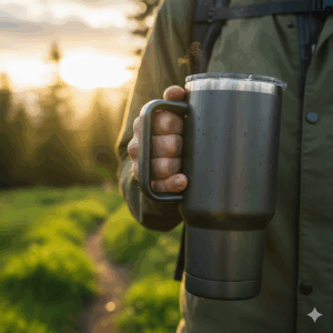 Close-up of a 32 oz insulated tumbler's ergonomic handle for easy carrying.
