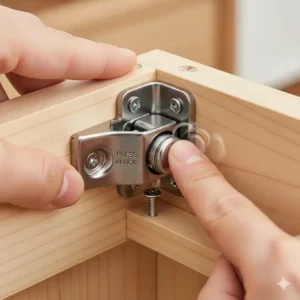 A close-up view of a spring-loaded latch for a baby proof cabinet lock without drilling being installed on the inside of a cabinet, demonstrating the simple, press-and-lock operation.