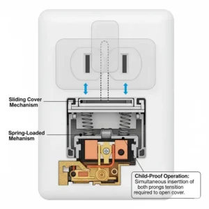 A detailed diagram illustrating the internal mechanism of how a baby proof electrical outlets with sliding covers works to block access. 