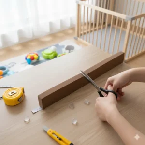 An overhead view of a DIY project, showing a parent using a pair of scissors to cut a soft foam strip to fit a table corner.