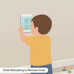 An illustration of a curious child safely interacting with a tamper-resistant outlet cover, highlighting its secure design against removal, showing the best outlet covers that don't pop out. 