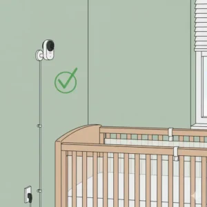 A compact baby monitor securely mounted near a baby proofed crib, ideal for small nursery spaces. 