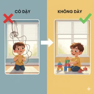 : An illustrative comparison highlighting the safety difference between dangerous corded blinds and child-safe options, visually explaining cordless window blind safety for kids.