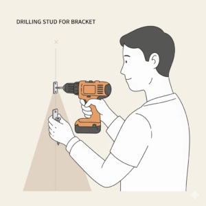 A person using a drill to screw a bracket into a wall stud to secure a bookshelf, a key step in baby proofing.