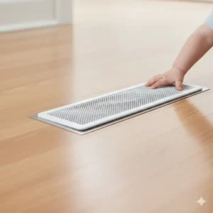 A secure, child-safe cover is placed over a metal floor vent on a hardwood floor, preventing tiny fingers from getting stuck. This is one of the essential tips for baby proofing hardwood floors.