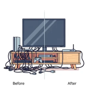 An example of how to hide cords behind heavy furniture, a key strategy for keeping cords out of baby reach.