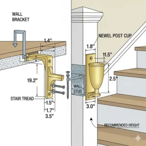 A detailed illustration showing the correct placement of the mounting brackets or cups on the wall and newel post for installing safety gates at top of stairs.