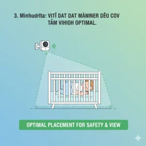 A diagram showing the correct, safe placement of a wireless baby monitor camera in a nursery, away from the crib for optimal viewing and safe baby monitor options wireless.
