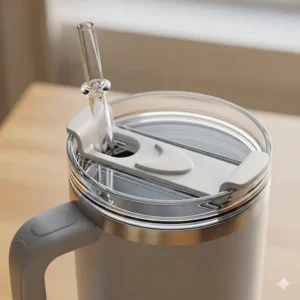 The spill-proof lid and reusable straw of the 24oz tumbler with handle.