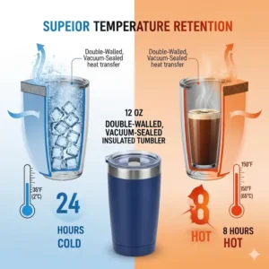 Infographic showing the superior hot and cold temperature retention of the double-walled, vacuum-sealed 12 oz insulated tumbler with lid.