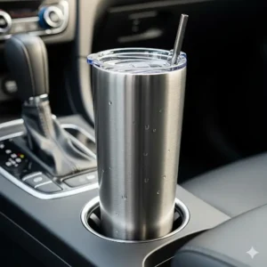 A 24 oz stainless steel tumbler fitting perfectly in a car's cup holder, highlighting its portability and convenience.
