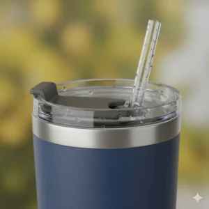 A close-up of the splash-proof lid and reusable straw included with the 32 oz insulated tumbler with handle.