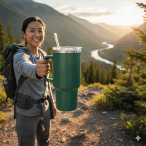 An adventurer holding a best 30 oz tumbler with handle during a hike, showing its portability for outdoor activities.