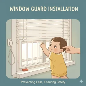 A simple illustration of a window screen lock being used to secure a window, demonstrating how to prevent a child from opening the window themselves, an essential part of baby proofing windows and blinds safety.