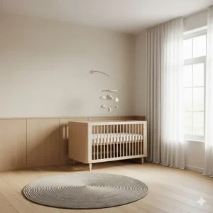 A clean, minimalist baby room with low-height, smooth wood paneling, an elegant and eco-friendly non-toxic baby proofing material for walls.