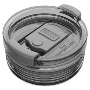 A detailed view of a spill-proof lid for a 32 oz insulated tumbler, featuring a slide closure.