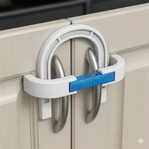 An illustration of a sliding U-shaped baby proof cabinet lock without drilling in use on two cabinet handles, showing how it keeps the doors from being opened.