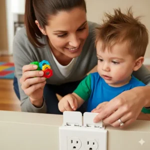 A parent demonstrating to their toddler how the baby proof electrical outlets with sliding covers prevent them from inserting objects.