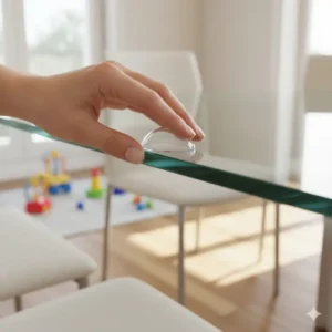 A close-up of a hand pressing a pre-applied adhesive corner protector onto the sharp edge of a glass-topped dining table.