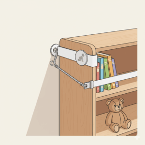 An illustration of a bookshelf that has been safely anchored to the wall using a heavy-duty metal cable anchor system for baby safety.