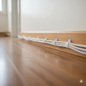 A bundled and secured electrical cord is shown along the baseboard, illustrating proper cable management. This is one of the important tips for baby proofing hardwood floors to prevent trip hazards.