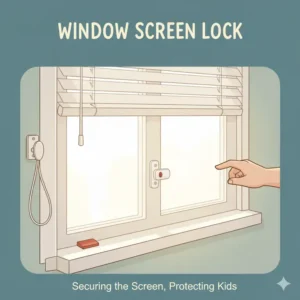 A graphic showing a cord cleat mounted next to a window, with the blinds cord securely wrapped around it to keep it out of a child's reach, enhancing baby proofing windows and blinds safety.