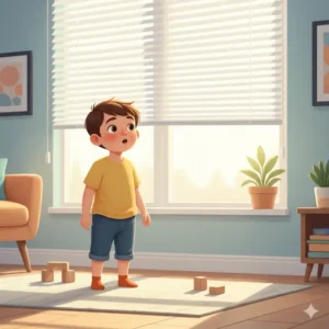A curious toddler pointing towards a cordless window blind, illustrating how these blinds eliminate risks and enhance cordless window blind safety for kids.